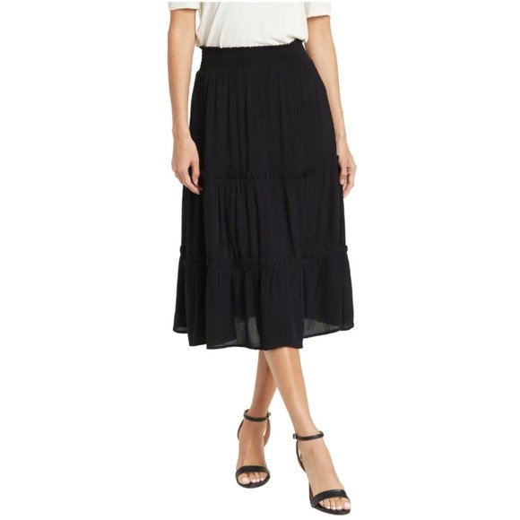 CeCe Smocked Waist Tiered High/Low Midi Skirt Black Large - Picture 1 of 9